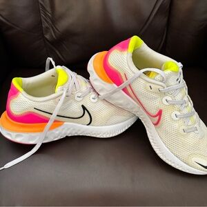 Nike White Mesh Runners with Neon Pink, Orange & Yellow Details